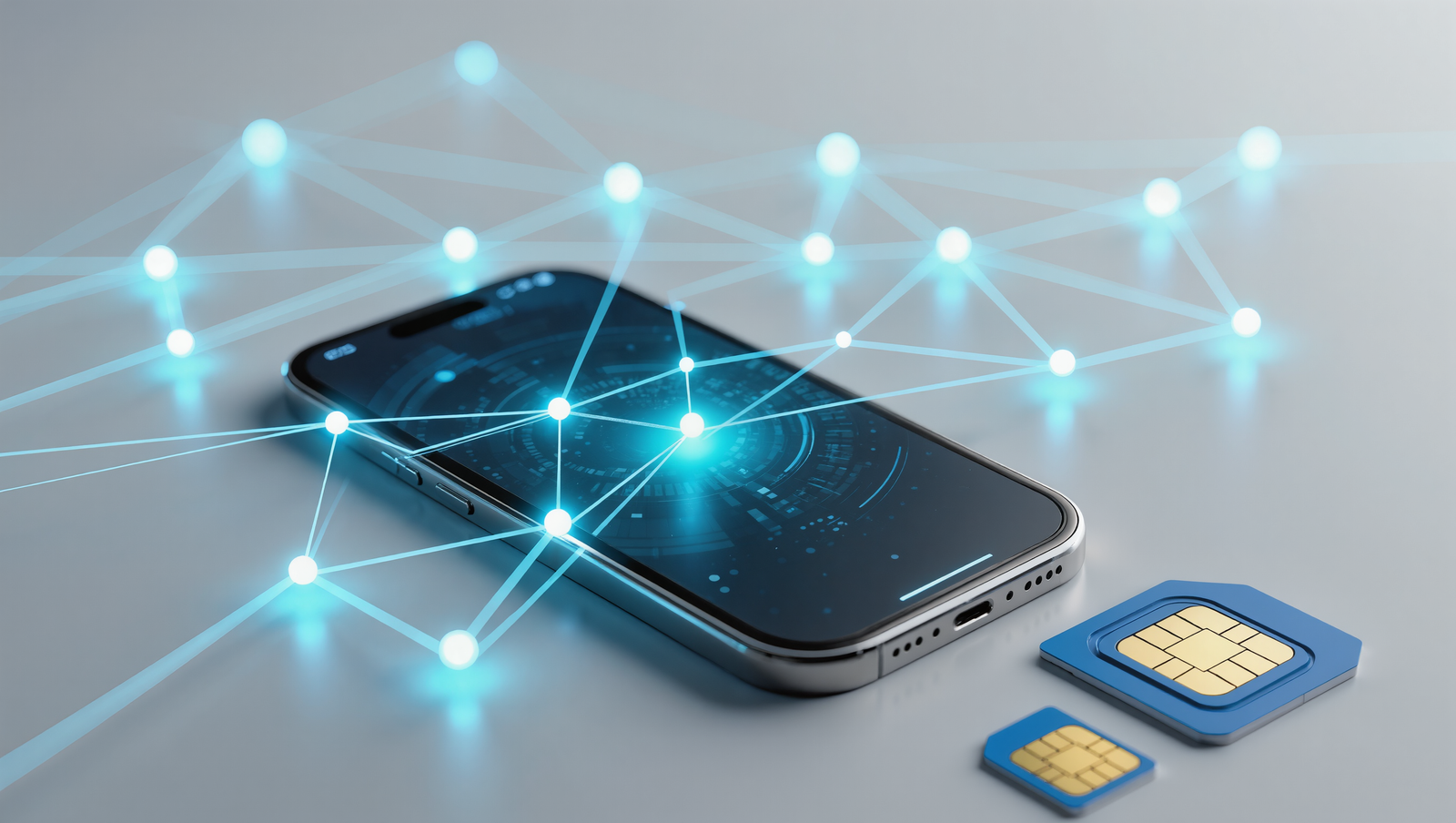 Smartphone mit Netzwerkverbindungen und SIM-Karten — moderne Telekommunikation