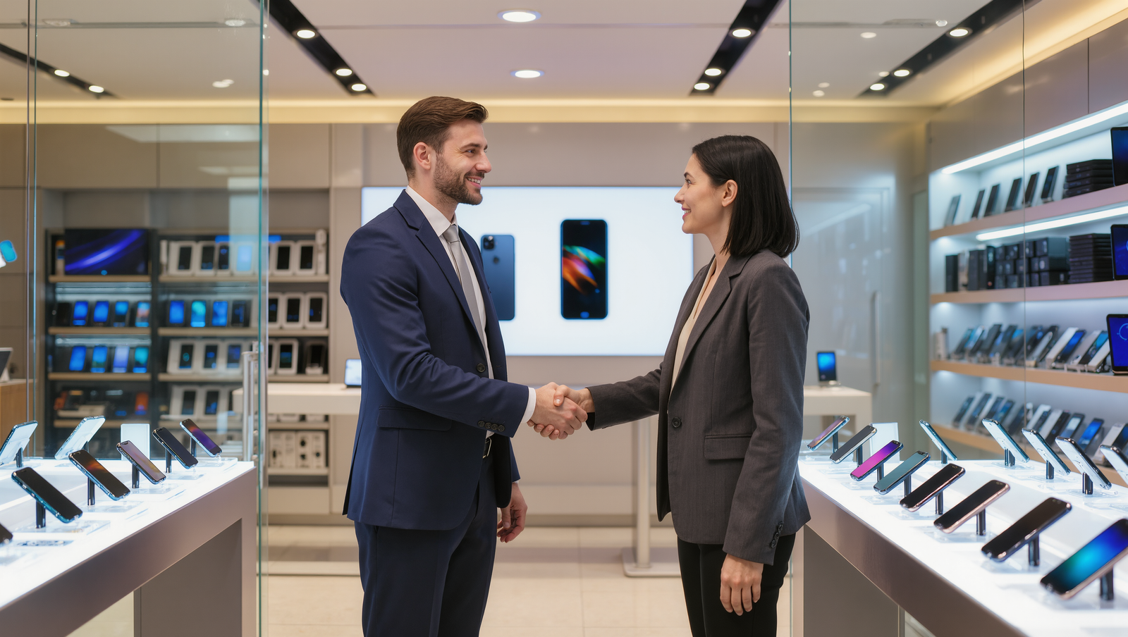 Händedruck zwischen zwei Geschäftspartnern in einem modernen Mobilfunk-Shop