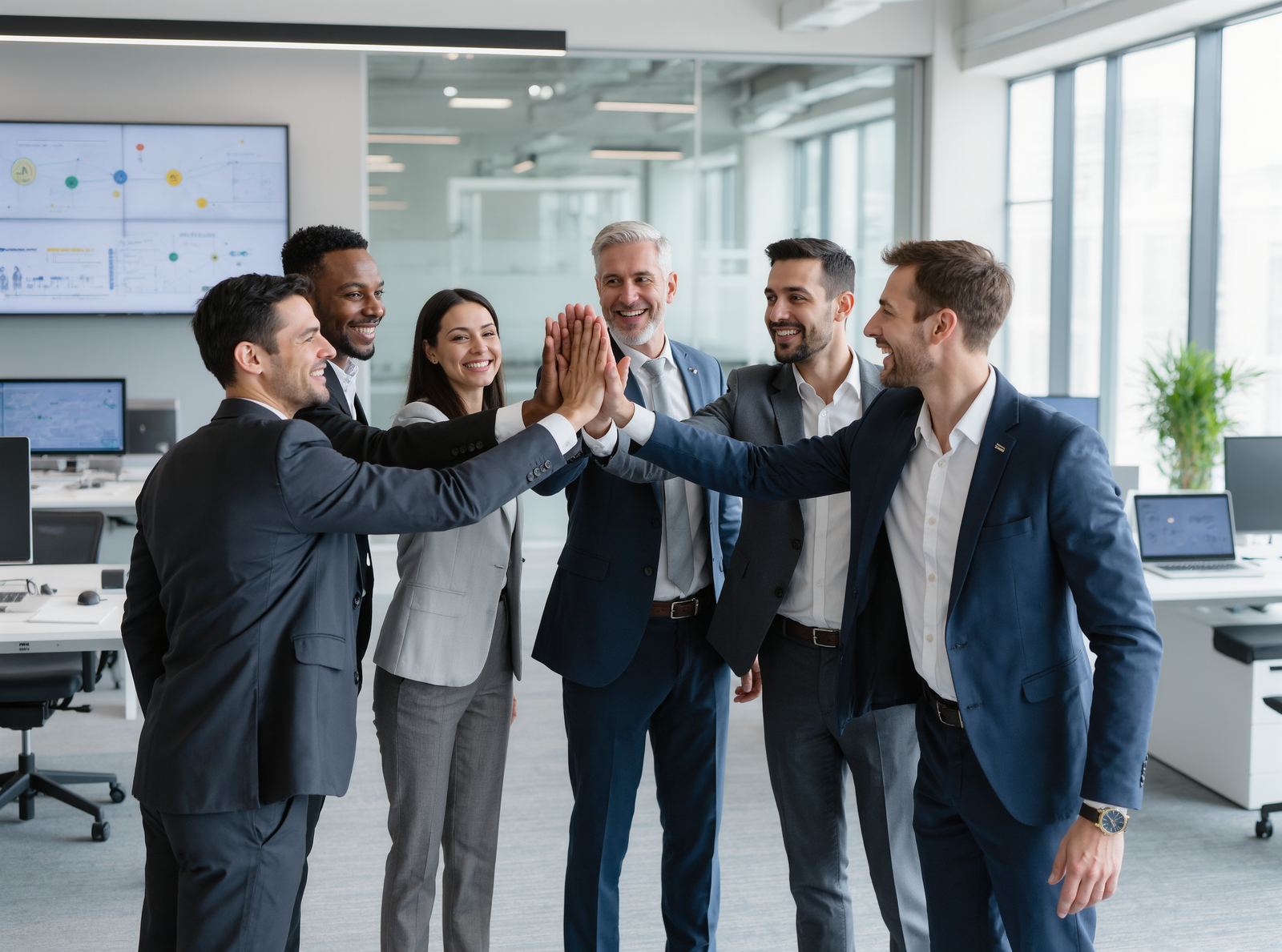 Motiviertes Team von Karttel Connect gibt sich ein High Five im modernen Büro